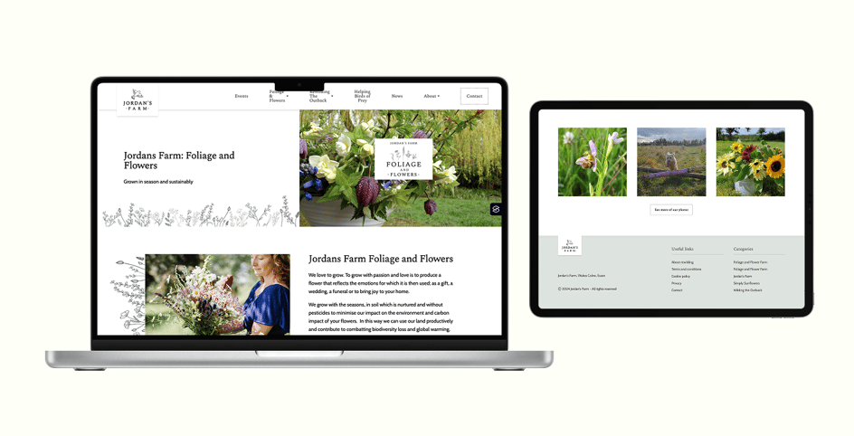 Side by side images showing the Jordan's Farm website on a macbook and tablet