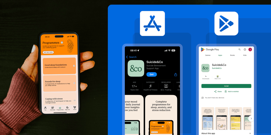 Sidekick support app being held in hand with apple app store and google play store on the right