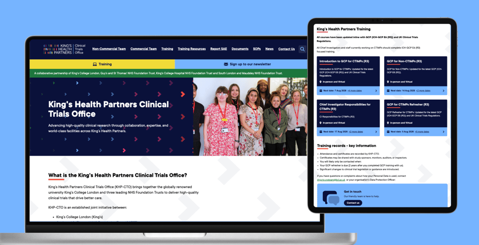 Laptop and tablet mockup of the King's Health Partners Clinical Trials Office website. The laptop shows the homepage with a navigation menu, hero banner, and team photo. The tablet shows the Training page listing GCP courses with dates and a training records information section.
