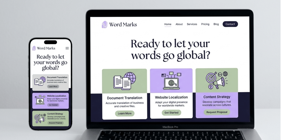 laptop and mobile showing fictional mockup of the word marks website