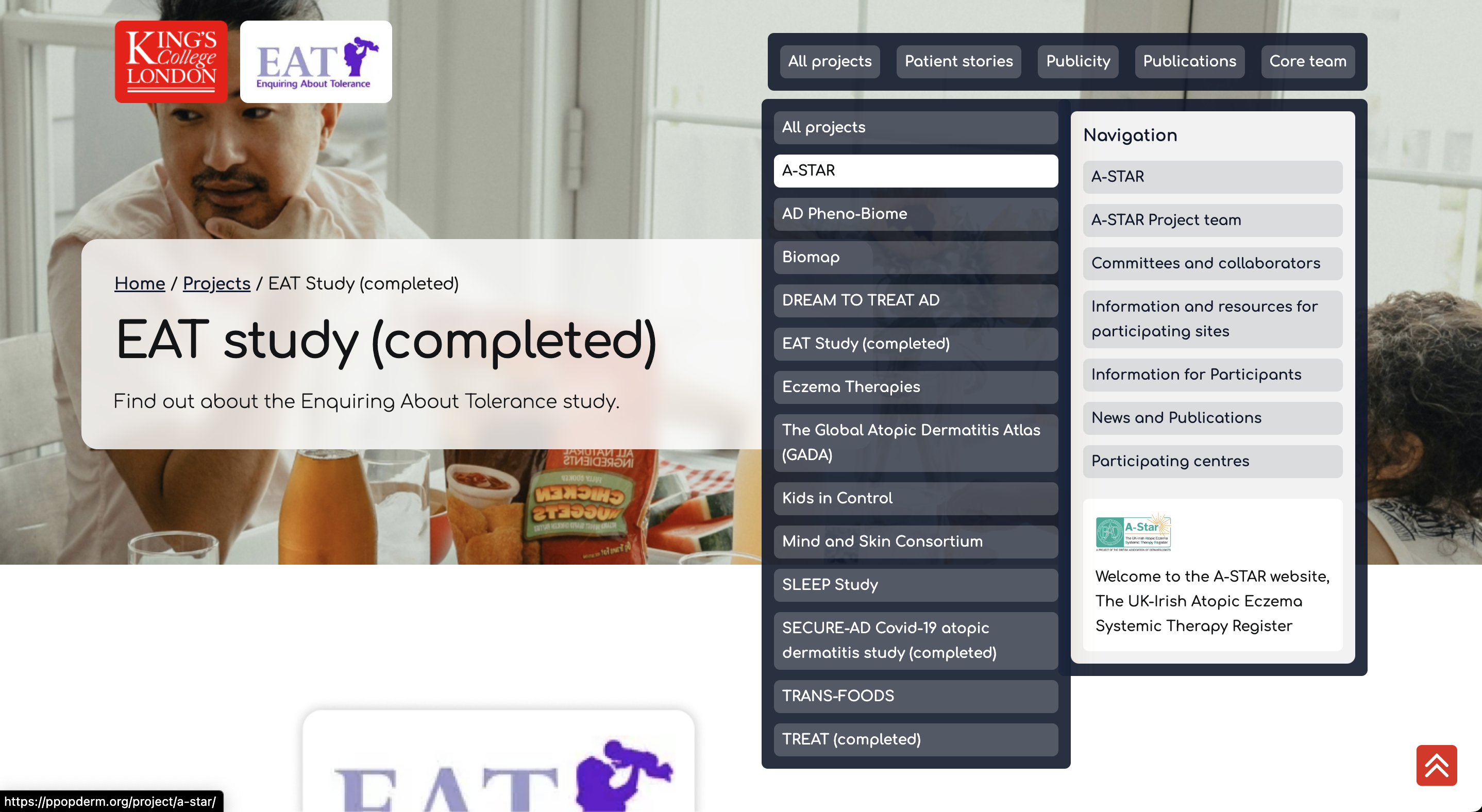 The layered navigation on the paediatric and population based dermatology site