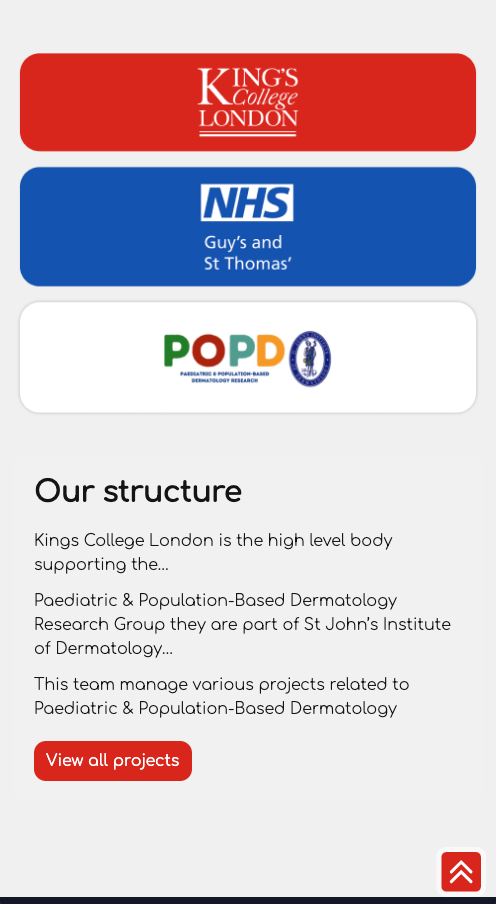 structure of the ppopderm project, Kings college london working with the NHS and Paediatric and population based dermatology