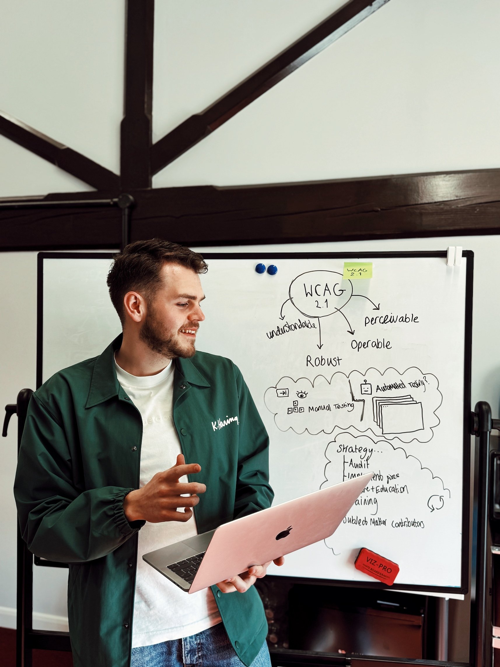 Designer standing at a white board discussing accessibility strategy
