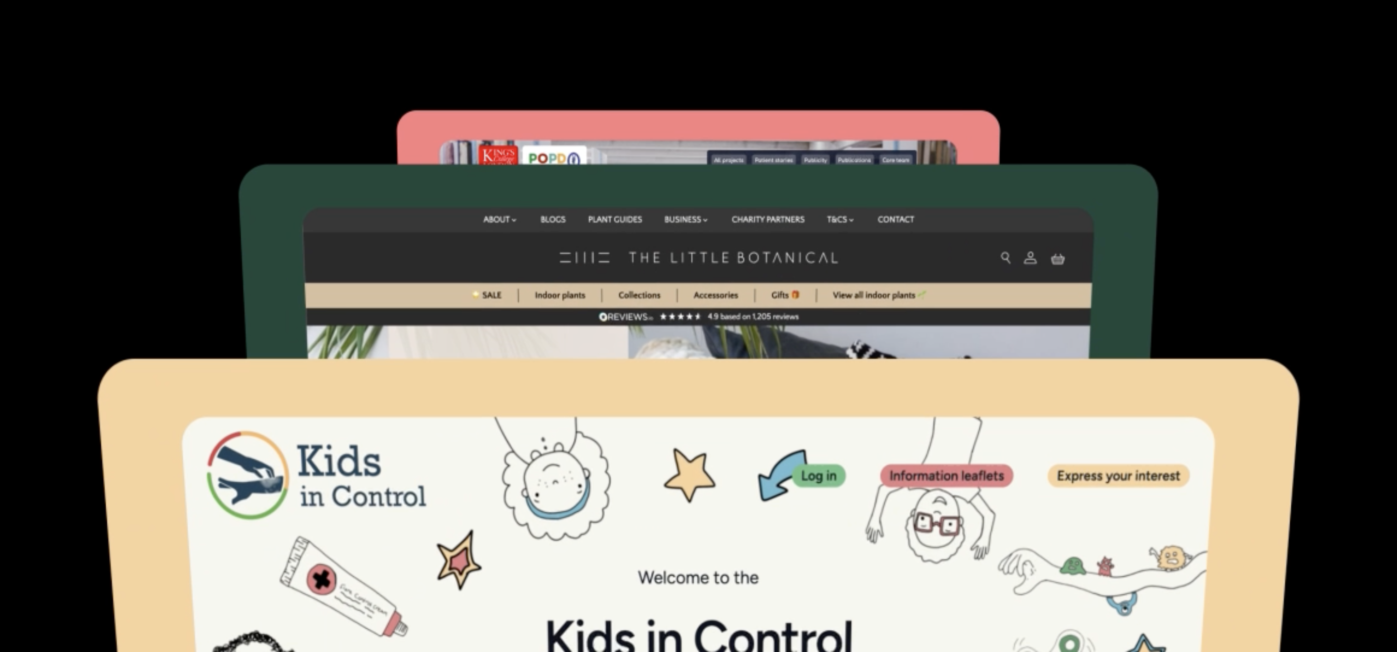 An image showing the top of various websites including Kids in Control, The Little Botanical and King's College London