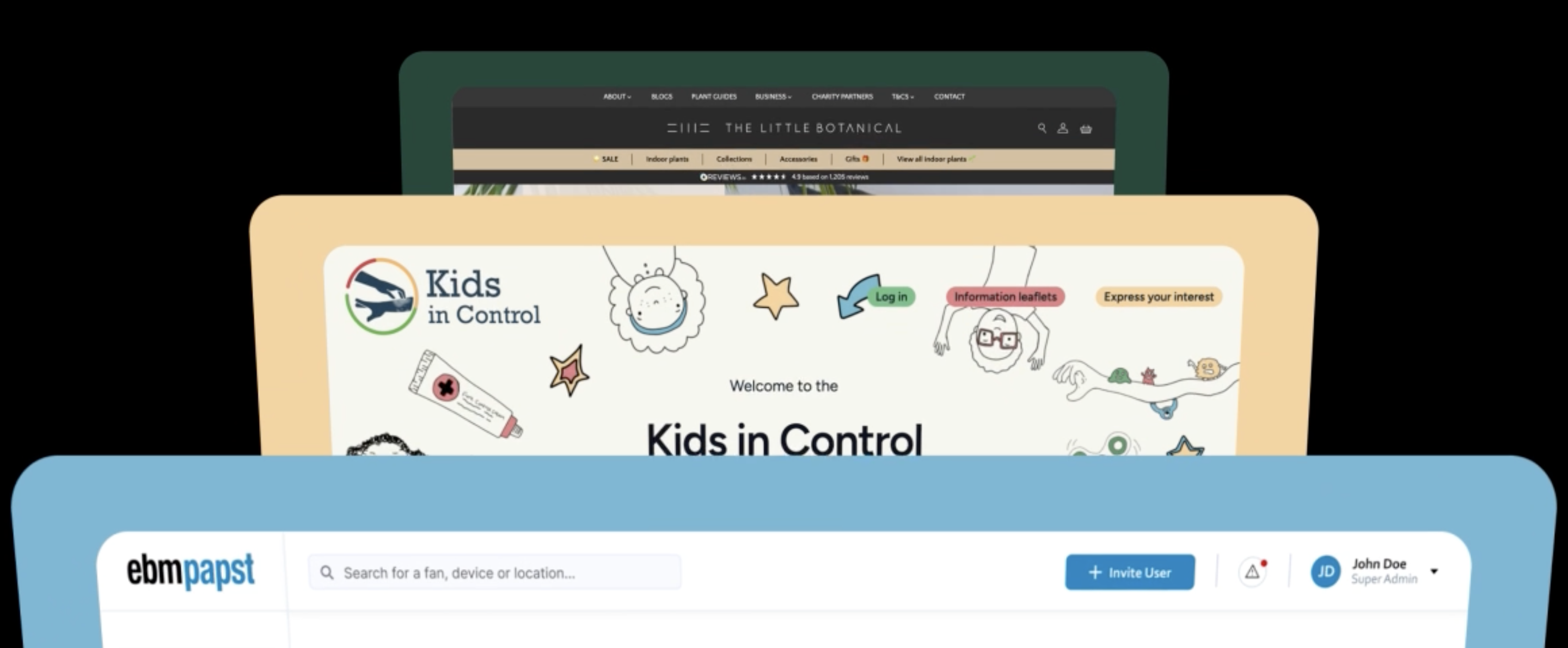 An image showing the top of various websites including EBM Papst and Kids in Control