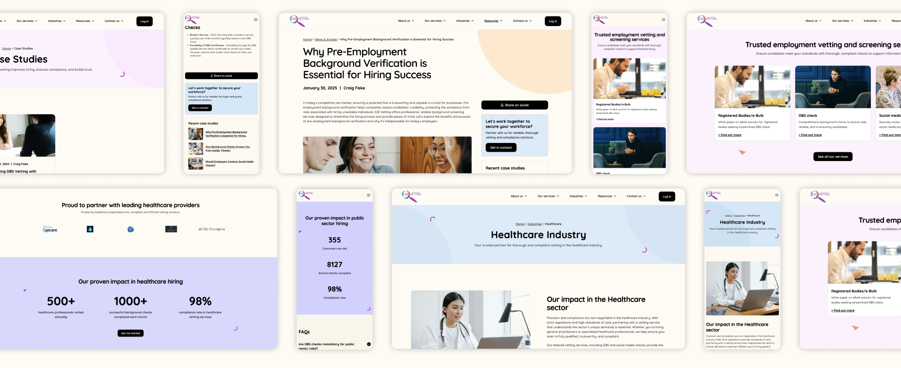 E2E website collage of pages, statistics, industries, blogs shown on desktop and mobile