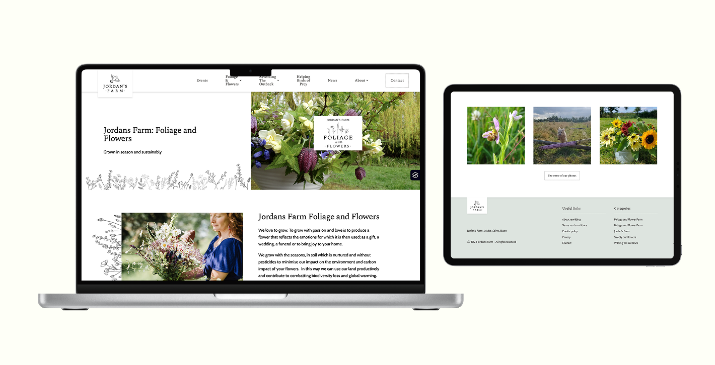 Side by side images showing the Jordan's Farm website on a macbook and tablet