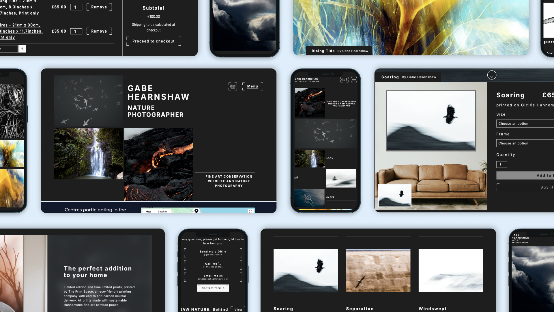 Collage of mobile and desktop screens from Gabe Hearnshaw's brochure site and web shop