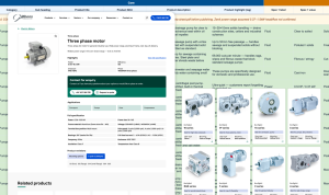 Side-by-side view of a product data spreadsheet alongside the Gibbons Engineering Group Three Phase Motor product page, showing full specifications, application tags, and a related products section featuring Bonfiglioli gearbox series.